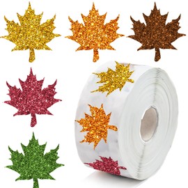 VELATYVIO 1200Pcs Fall Thanksgiving Leaf Stickers 1.5 Inch Maple Leaves Stickers 5 Colors Shiny self-Adhesive Autumn Decals for Kids Adults Themed Party Decoration Envelope Seal Label Supplies