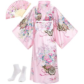 Japanese Anime Women's Kimono Robe Geisha Yukata Sweet Dress Blossom Satin Bathrobe Sleepwear Fans Tabi Socks Set