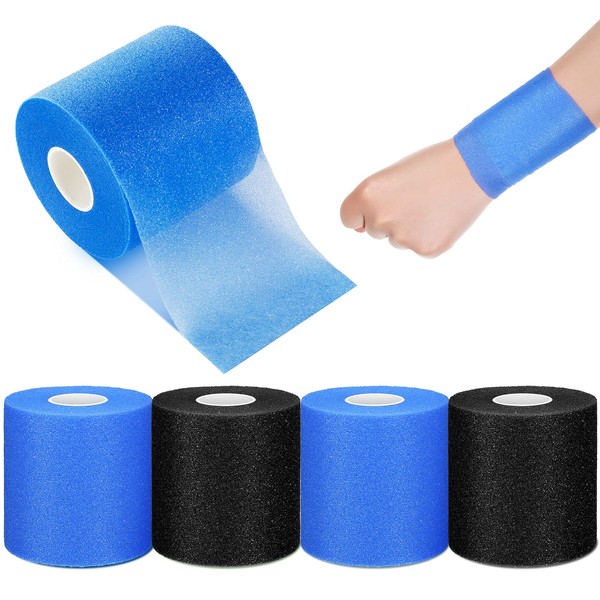 4 piezas de cinta de espuma atlética para deportes, preenvoltura, cinta deportiva para tobillos, muñecas, manos, rodillas y cabello, 2.75 x 30 yardas (negro, azul rey)