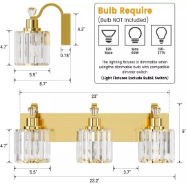 Unbranded 3/4/5/6 Modern Gold Crystal Vanity Light For Bathroom Mirror Wall Lamp Fixture - 3 Lights