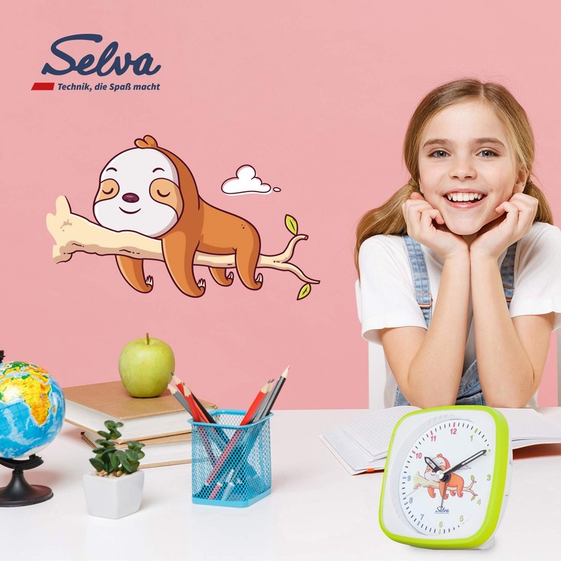 SELVA Quartz Alarm Clock Sloth Perfect for School Green/White Sweeping