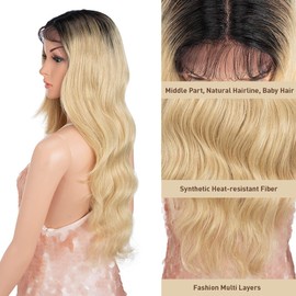 Style Icon Long Body Wavy Wig 26 inch Ombre Blonde Long Curly Synthetic Lace Front Wigs for Women T Part Wig Pre Plucked Heat Resistant Fiber 150% Density (RT4/86D)