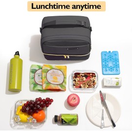 Hihealer 2 Tier Lunch Bag Women with Stylish Vegan Leather - Large Leakproof Insulated Cool Bag with Removable Adjustable Strap for Work Picnic, Christmas Gifts for Women (Midnight Black)