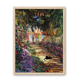 iHery Natural OAK Wood Unique Framed Wall Art, 12x16in Claude Monet Garden Cat Funny Black Cat Artwork Set of 1, Impressionism Vintage Canvas Wall Painting Decor for Bedroom Living Room Gift