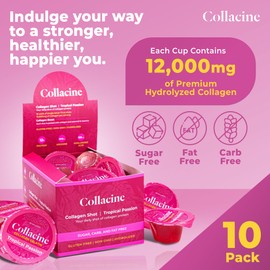 Collacine - Collagen Gelatine Shot-10 Pack Cups, 12,000mg Hydrolyzed Collagen for Women, 12g Protein, B Vitamins, Gluten-Free, Tropical Passion Flavor
