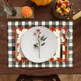 BOTB LIHM Thanksgiving Maple Leaf Turkey Buffalo Plaid Fall Cloth Placemats Set of 4 Table Mats Table Decorations 12x18 Inch