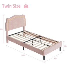 IDEALHOUSE Twin Upholstered LED Bed Frame with Adjustable Bear Headboard, Velvet Princess Platform Pink Bed, Wooden Slats Kids Bed, No Box Spring Needed, Easy Assembly