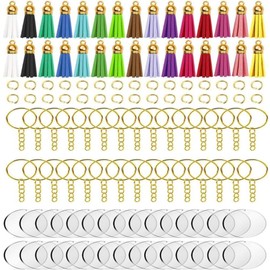 120Piece Acrylic Blank KeychainFringe Set, Round Transparent Keychain with Chain Jump Ring andColoredFringe, SuitableFor DIY and Craft
