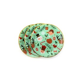 Christmas Plates Pack of 10 Green with Christmas Character Pattern Elf Snowman Reindeer - Fun Kids Christmas Party Table Decoration