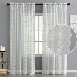 Kotile Vintage Lace Curtains Ivory/Cream - Tulle Branch Floral Embroidery Lace Sheer Curtains 84 Inch Length for Living Room, Scalloped Lace Curtain Panels for Windows, 52 x 84 Inch, 2 Panels, Ivory