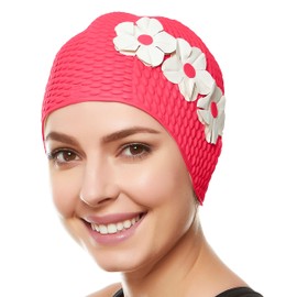 BEEMO Swim Bathing Caps for Women Latex Triple Flowers-Pink w/White Flowers