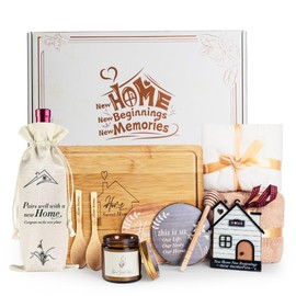 Synhonty New Home Gift Ideas Basket, 11 Pcs: Bamboo Serving Board, Wooden Decoration, Soy Candle, Towels & More - White