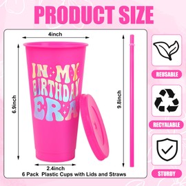 JarThenaAMCS 6Pcs Iridescent Birthday Plastic Cups with Straw and Lid 24 Oz Holographic IN MY BIRTHDAY ERA Tumbler Hot Pink Cold Cups for Beverage Drinks Home Office Party Decoration