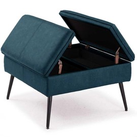Square Ottoman with Storage, Large Oversized Ottoman Coffee Table, Double Flipping Lid & Mid-Century Modern & Velvet Style, Loads 660 lb, for Living Room, Bedroom, Entryway, Navy