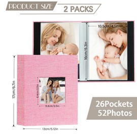 Artmag Small Photo Album 4x6-Clear Pages, Pack of 2 Linen Cover with Front Window, Each Small Album Holds 52 Photos,Artwork or Postcards(Pink)