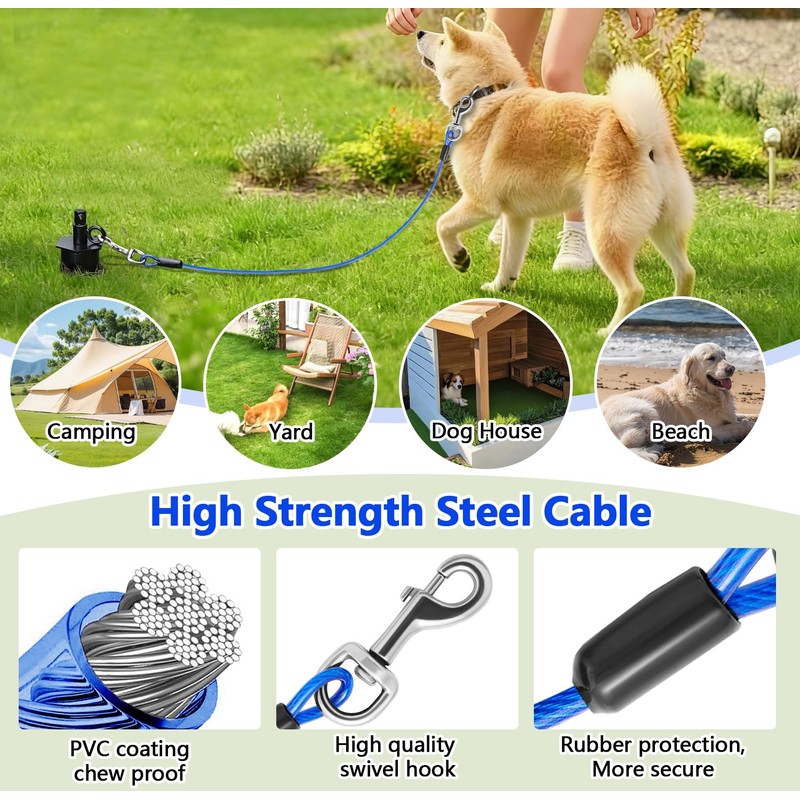 Dog Tie Out Cable&Stake,30FT Dog Leads for Yard,Heavy Duty Ground