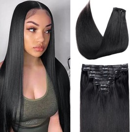 Pobokix Seamless Clip In Hair Extensions Real Human Hair Extensions Straight 8Pcs Invisible PU Skin Weft with 18Clips 120g 14inch Natural Black