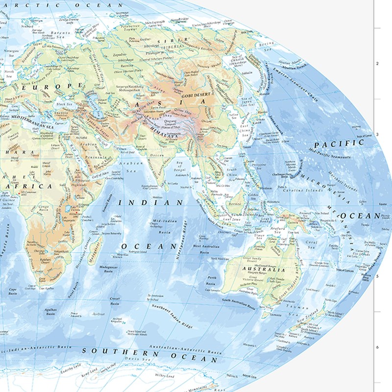 World Physical Map with Major Geographical Features For Home or