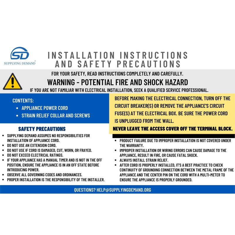 Supplying Demand 4 Foot Range Electrical Power Cord 4 Prong