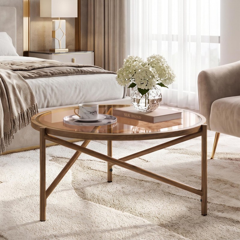 Round Coffee Table, 31.5" Glass Top Center Table Metal Frame,