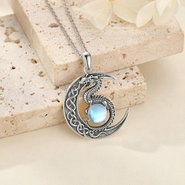 JERWLI Dragon Necklace 925 Sterling Silver Moonstone Dragon Jewellery for Women Celtic Pendant Gifts