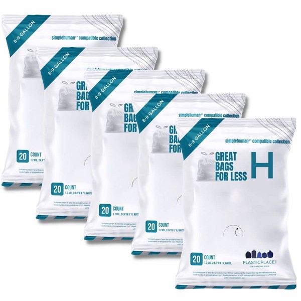 Plasticplace Custom Fit Trash Bags, Compatible with simplehuman Code H Packs, White Drawstring Garbage Liners 8-9 Gallon, 18.5'' x 28'' (20 Count/5 Pack)