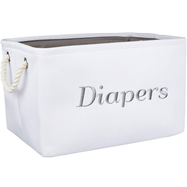 APPLE PIE ORDER - Soporte para pañales, cesta de almacenamiento y organizador para guardería, bebé o niña cubeta decorativo de tela de lona blanca con bordado gris.