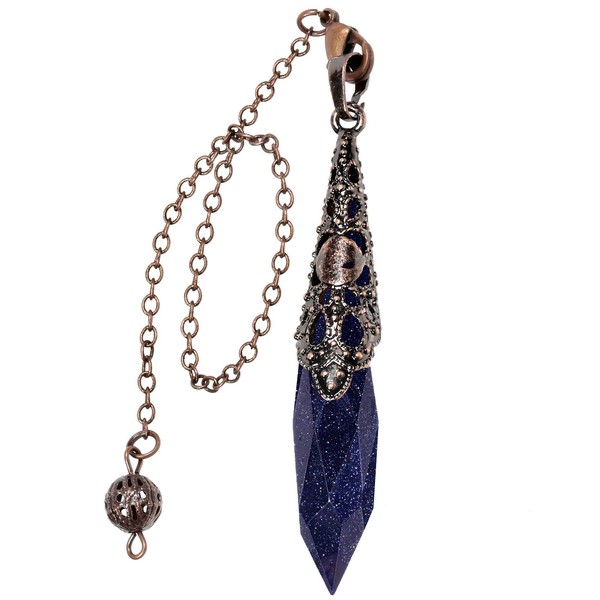 SUNYIK Reiki Healing Crystal Stones Dowsing Pendulum for Divination Wicca Balancing Pointed Pendant Pendulum with Chain 7", Blus Sand