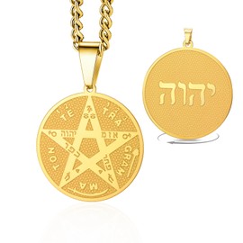 VASSAGO Tetragrammaton Pentagram Necklace for Men Women Penta Cle Pendant Hebrew Name God Symbol Protection Amulet Wicca Pagan Jewellery Gifts, Stainless Steel, No Gemstone
