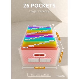 ThinkTex 26 Pockets Expanding File Folder, Upright & Open Top, A-Z Colorful Tabs, Larger Capacity Accordian Folder, Letter/A4 Size for School, Home and Office - Pink