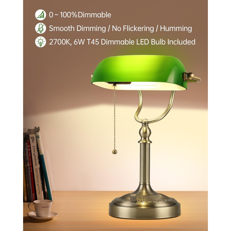 Newrays Green Glass Bankers Desk Lamp, Stepless Dimmable Table Lamp