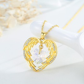 YueYuan - Collar de alas de ángel dorado para mujer, collar de corazón dorado, collar de vidrio, colgante de alas de ángel de la guarda, collar con alas, regalo para mamá, aniversario, cumpleaños,