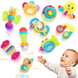 iPlay, iLearn Juego de 10 sonajeros para bebés, juguetes, sonajero fácil de agarrar y sacudir, mordedor sensorial, juguete musical de aprendizaje y desarrollo para bebés, regalo para baby shower y