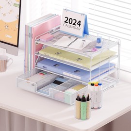 OPNICE Desk Organizer and Accessories, 4-Tier Desktop File Organizer with Drawer and 2 Pen Holders, Office Desk Accessories for Office Supplies(White)