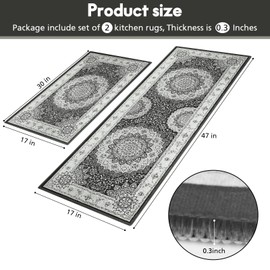 Boho Kitchen Mat Se of 2,Kitchen Floor Cushioned Comfort Standing Rugs,Non Slip Washable Kitchen Mats Set for Kitchen Floor Bathroom Sink,Size 17"x 47"+17"x 30"（Dark Grey）
