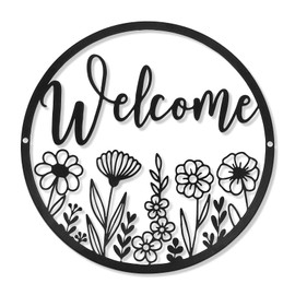Welcome Metal Sign Wall Decor Art,11.8 inch Black Metal Welcome Wall Decor,Welcome Cutout Letters Wildflower Hanging for Front Porch, Home, Office, Living Room Decor,Wreath Style