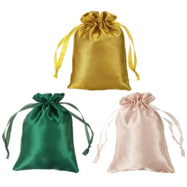 PATIKIL Satin Bags with Drawstring, 3 Pack 3x4 Inch Wedding Favor Bags Mini Gift Packaging Bag for Birthday Christmas Jewelry Party, Green Champagne Gold Tone