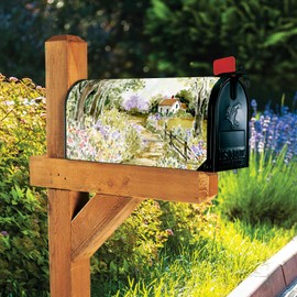Studio M Fits Standard Size 6.5 x 19 Inch Mailbox Weather Resistant Vinyl The Original Magnetic Mailbox Cover, Decorative MailWrap Green Purple and Yellow Wooded Path to Cottage