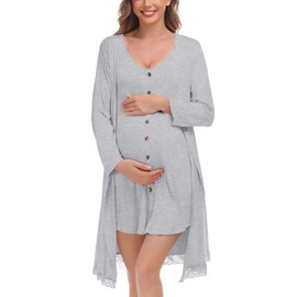 SWOMOG 3 in 1 Labor Delivery Nursing Pajamas Hospital Nightgown Breastfeeding Gown and Robe Set Maternity Pregnancy Robe for Women (Grey, X-Large)