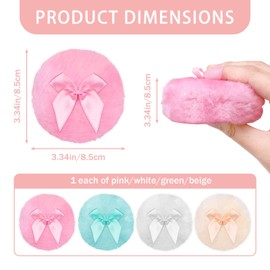 Fatiya 4 Pieces Large Round Fluffy Powder Puff, 3.54'' Ultra Soft Velour Body Powder Puff, Washable Reusable Face Powder Puff with Ribbon Bow for Makeup Setting Loose Powder