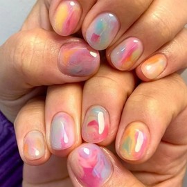 24 Pcs Short Oval Press on Nails, Colourful Smudges False Nails in 12 Sizes, Cute Acrylic Stick on Nails with Jelly Glue Stickers, Reusable Fake Nail for Women and Girls DIY Decorations