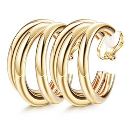 Aloha Earrings Non Pierced Gold Tone Clip On Hoop Earrings (Triple Open Hoops)