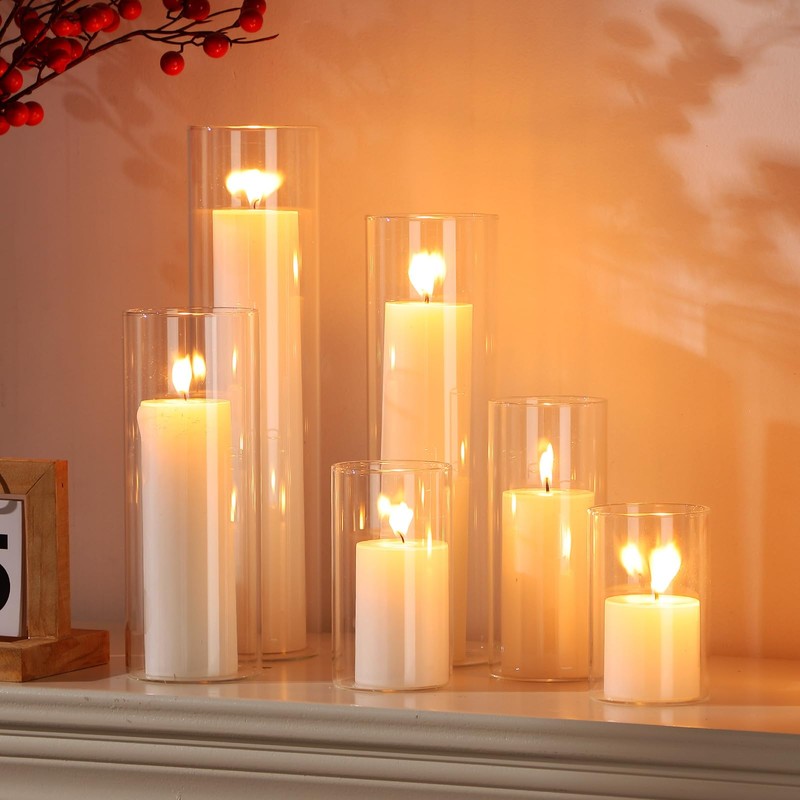 Shihanee Set of 6 Pillar Candles and Glass Cylinder Vases