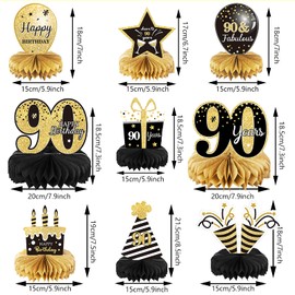9 Pieces 90th Birthday Decoration 90 th Birthday Centerpieces for Tables Decorations Cheers to 90 Years Honeycomb Table Topper for Men and Women Nighty Years Party Decoration Supplies (90th)