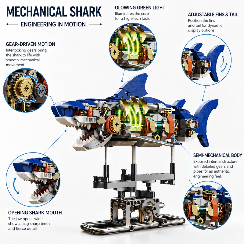 Mechanical Shark Building Set for Creative Play – 687-Piece Light-Up
