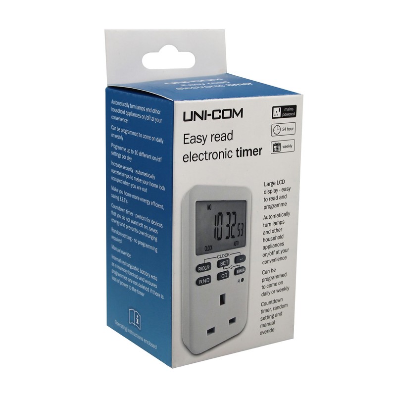 Uni-Com Easy Read Electronic Plug-in Timer, Large LCD Display, Energy