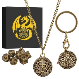 Mini DND Dice Set with Spherical 100-Sides Metal Cage Portable Keychain Necklace, Tiny 7pcs Polyhedral D&D Dice Set, DND Gifts with Gift Box, D&D Accessories for RPG, Bronze