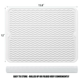 Silicone Dish Drying Mat for Multiple Usage, Easy clean, Eco-friendly, Heat-resistant Dish Drainer Mat for Kitchen Counter,Sink,Refrigerator or Drawer liner (16" x 12", White)