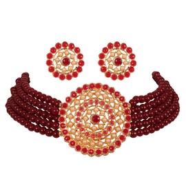 Touchstone Padmavati Collection Indian Traditional Faux Pearls Grand Designer Jewelry Choker Necklace Set in Antique Gold Tone for Women. (Red 3)