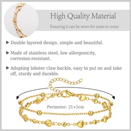 ankbrats Gold Ankle Bracelets for Women, Adjustable Love Double Layer Anklet, Boho Beach Foot Jewelry Waterproof Anklet Gifts